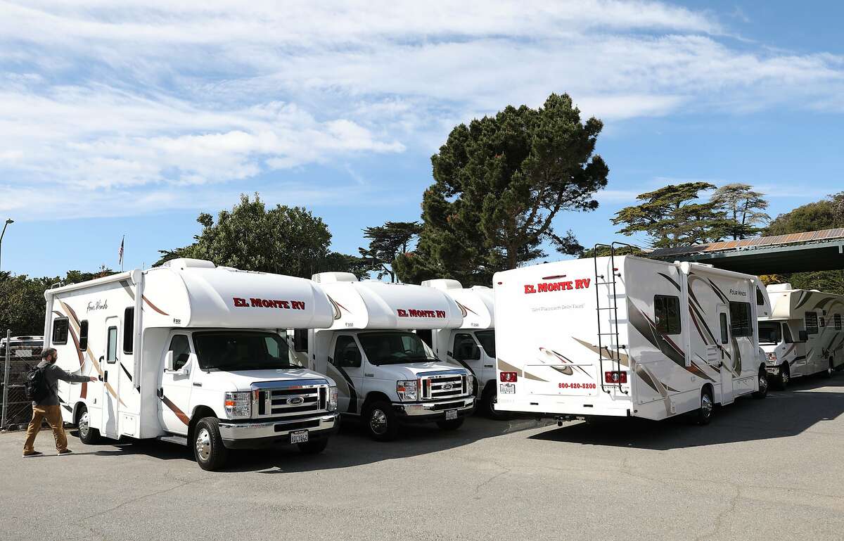 About 30 RVs are stored at the Presidio and will be offered to those diagnosed with COVID-19 if they have nowhere else to safely self-quarantine seen on Tuesday, March 10, 2020, in San Francisco, Calif.