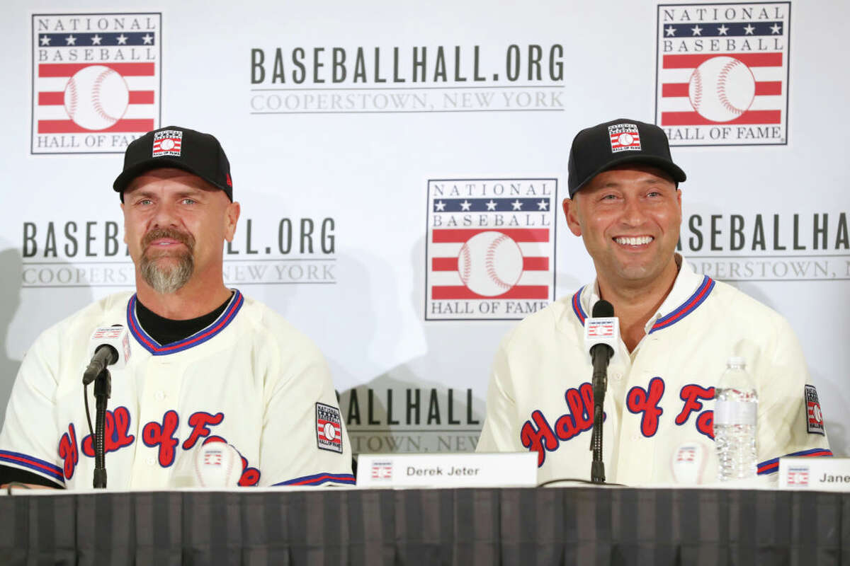 NEW YORK, NY - JANUARY 22: Larry Walker and Derek Jeter speak to the media during the 2020 Hall of Fame Press Conference at St. Regis Hotel on Wednesday, January 22, 2020 in New York, New York.