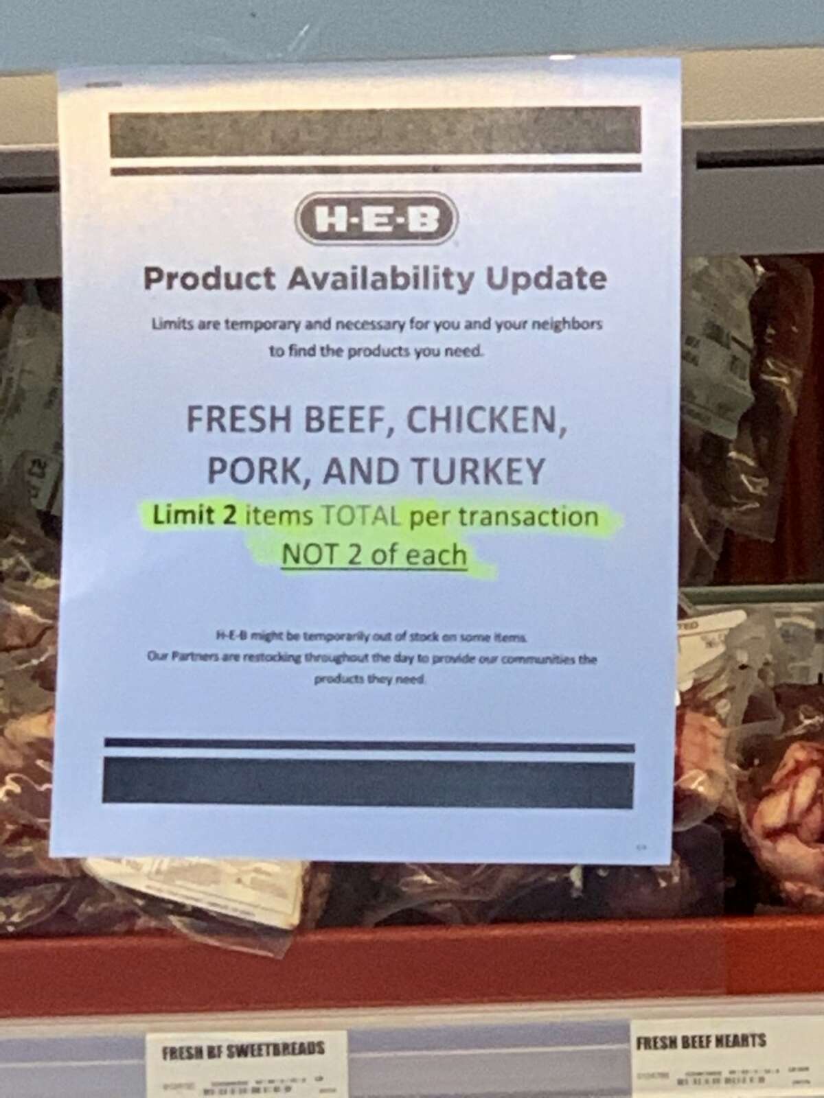 The grocery store maintains a list of purchase limits for food and non-food items on their company newsroom. On Thursday, the site was updated to include new limits on ground beef and chicken, beef, pork and turkey. Customers in San Antonio are limited to one package of ground beef and two packages total (not each) of chicken, beef, pork or turkey. The limit applies to stores in Central Texas, the Gulf Coast, the border region, and certain West and North Texas towns, the site says.