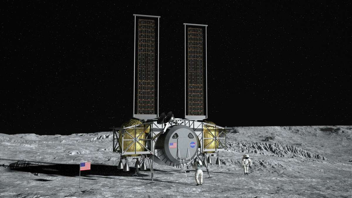 Artist concept of the Dynetics Human Landing System on the surface of the Moon.