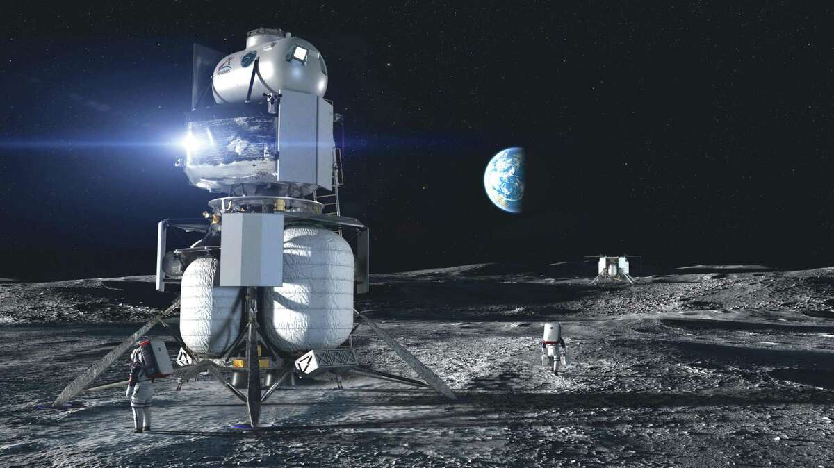 Artist concept of the Blue Origin National Team crewed lander on the surface of the Moon.