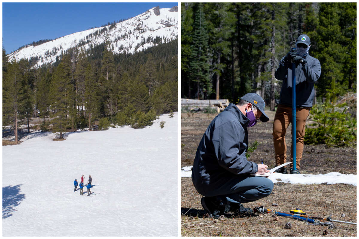 2019 vs. 2020 Left: The California Department of Water Resources snow survey of the 2019 season at Phillips Station in the Sierra Nevada Mountains on May 2, 2019. The survey recorded 47 inches of snow, which is 188% of average at this site. Right: Sean de Guzman, chief of California Department of Water Resources (DWR), Snow Surveys and Water Supply Forecasting Section, conducts the final snow survey of the 2020 season at Phillips Station on April 30, 2020. The survey recorded 1.5 inches of snow, which is 3% of average at this site.