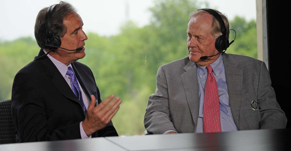 Tournament Host Jack Nicklaus visits the CBS broadcast set with Jim Nantz during the third round of the Memorial Tournament presented by Nationwide at Muirfield Village Golf Club on June 4, 2016 in Dublin, Ohio. (Photo by Chris Condon/PGA TOUR)