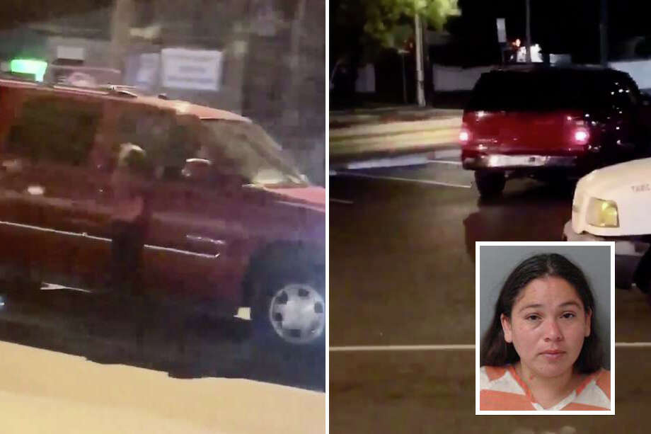 A woman has been arrested for driving her GMC Yukon while her child was hanging on the running board, Laredo police said on Thursday. Photo: Courtesy