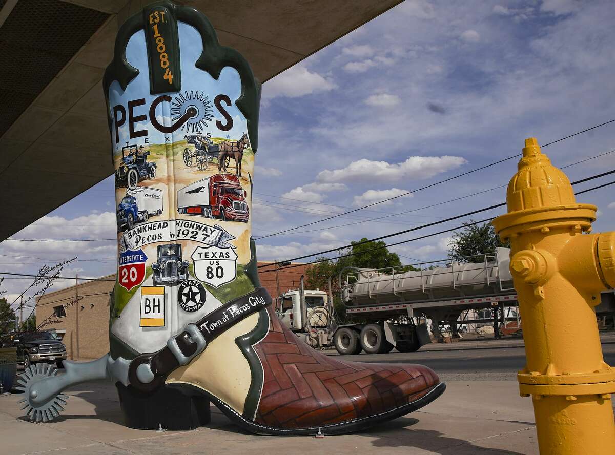 A painted boot outside Pecos City Hall on April 27, 2020.