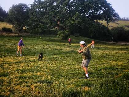 Eddie Joe Chavez bats against Neal Chavez as Buck Chavez and Nicole Chavez play the field in San Geronimo.