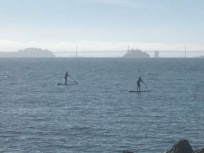 Sarah Lent (left) and Sam Petrie paddleboard while enjoying the view near the shores in Sausalito.