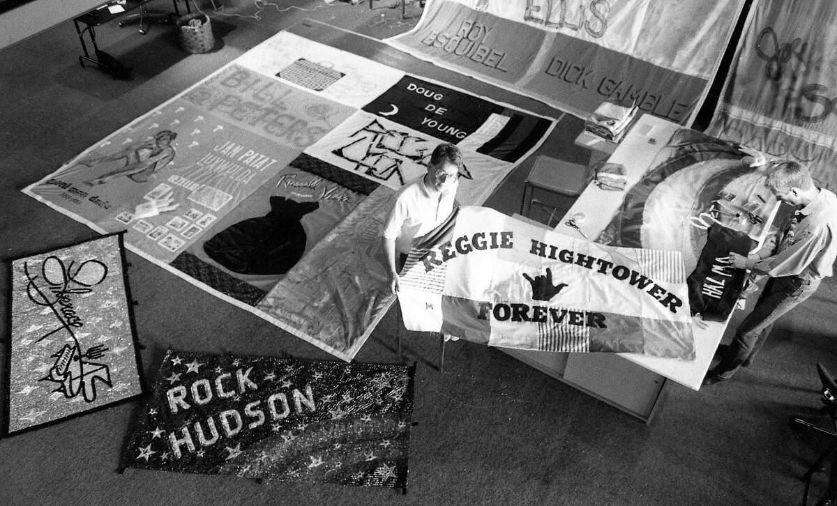 July 28, 1987: Cleve Jones with the AIDS Memorial Quilt in San Francisco.