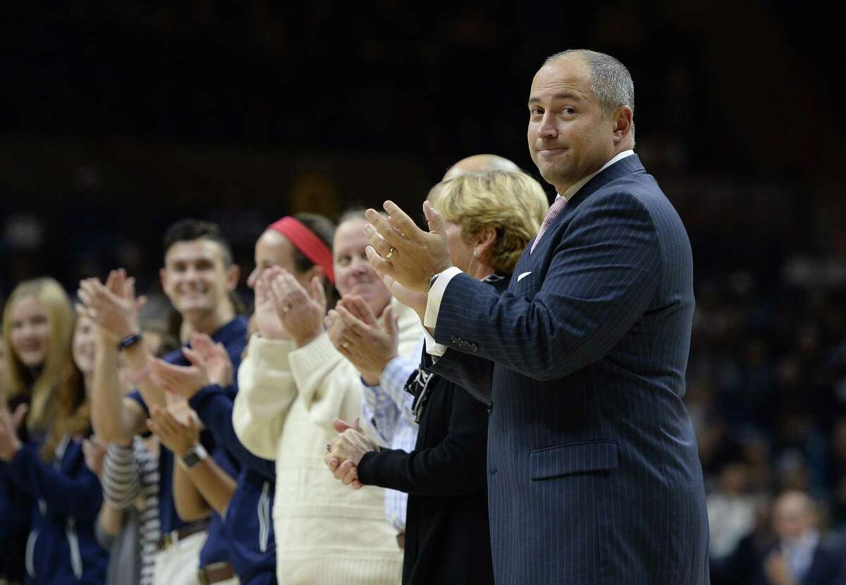 University of Connecticut athletic director David Benedict during an NCAA women's college basketball game, Thursday, Dec. 1, 2016, in Storrs, Conn. (AP Photo/Jessica Hill)