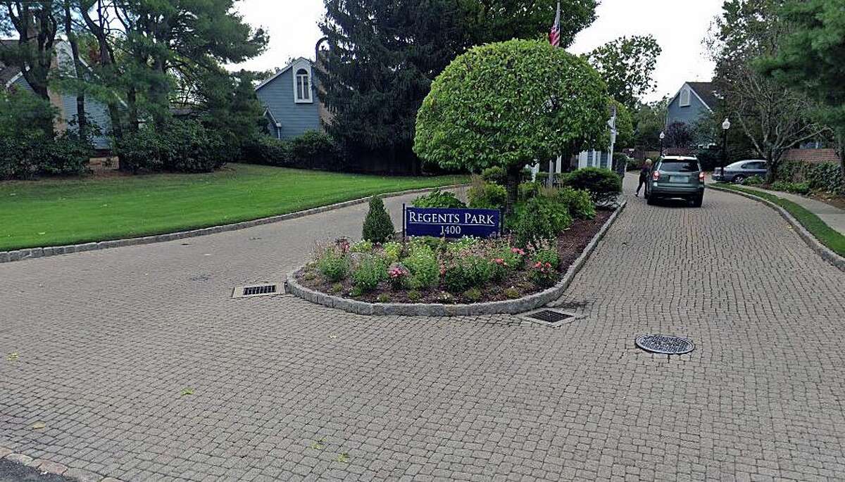 Police and fire units responded to the Regents Park Condominium complex at 1400 Post Road East in Westport, Conn., on Friday, May 1, 2020, for a report of a possible explosive item found in a unit, according to Police Lt. Anthony Prezioso. This image shows a Google Streetview screenshot of an entrance/exit to the complex.