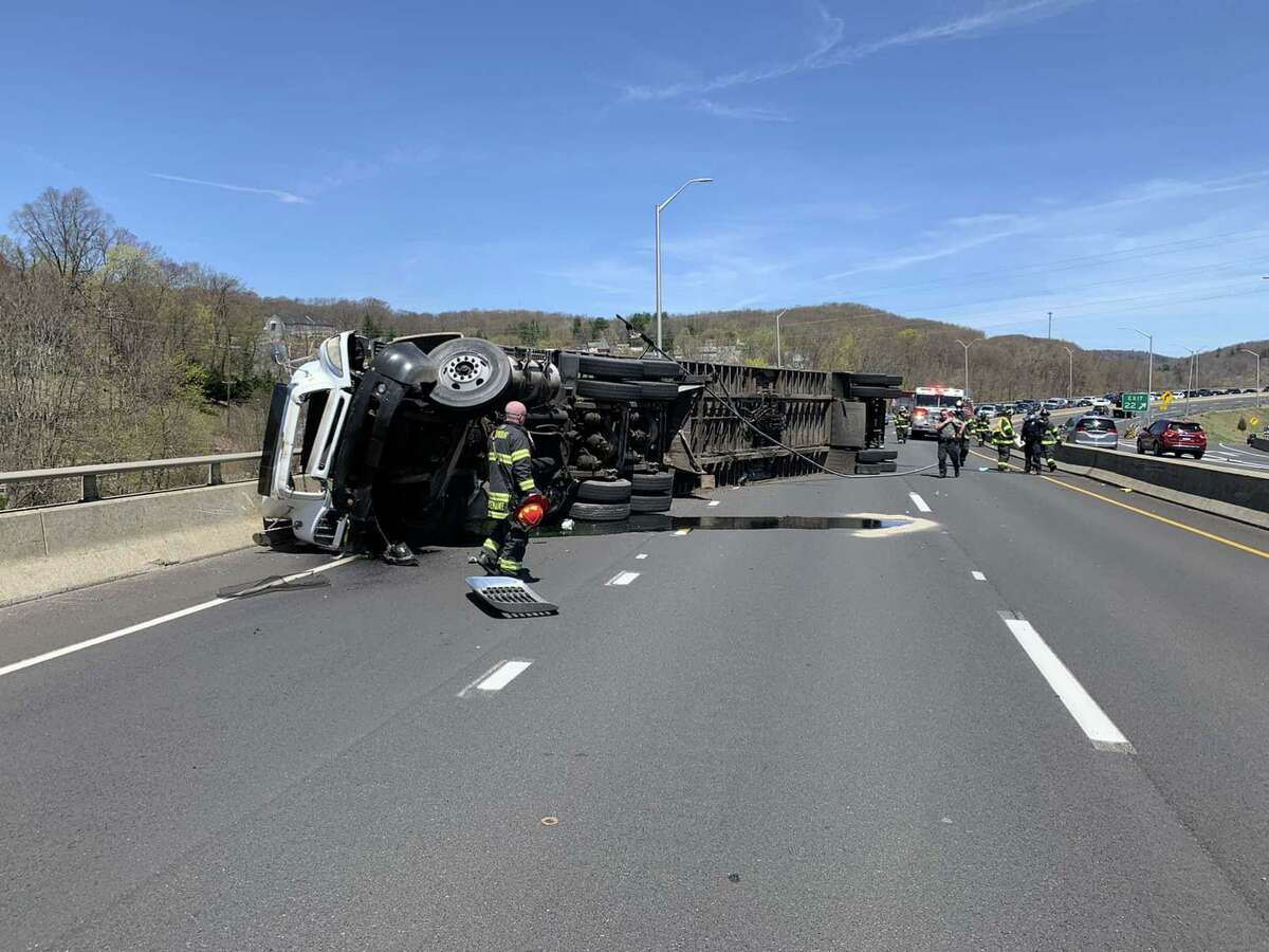 A rollover on Route 8 south in Seymour, Conn., on Saturday, May 2, 2020.