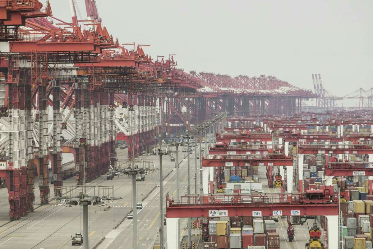 The container area of the Yangshan Deep Water Port in Shanghai on Feb. 4, 2020. Photographer:
