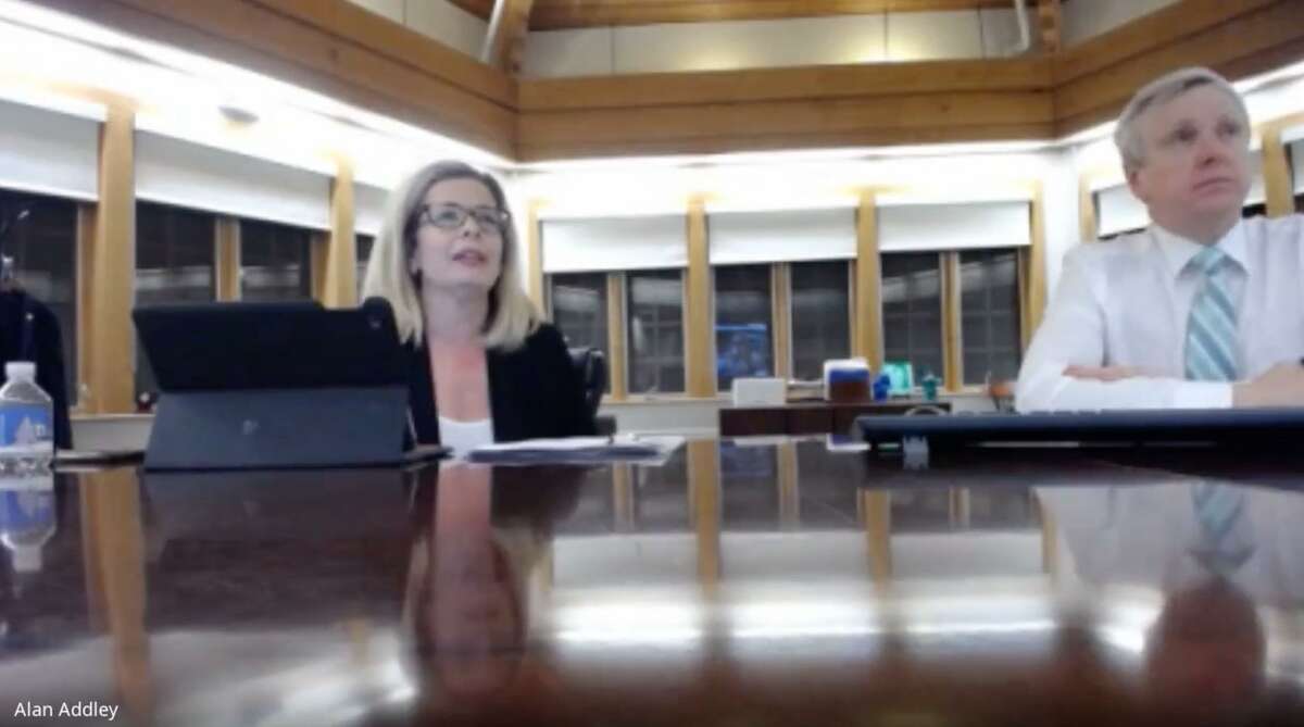 Board of Ed Chairman Tara Ochman, left, and Schools Superintendent Dr. Alan Addley address the impact of possible budget reductions during the most recent virtual Board of Ed meeting.
