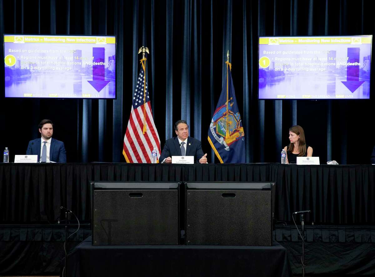 Gov. Andrew Cuomo provides a coronavirus update during a press conference on Monday, May 4, 2020, in Rochester, N.Y. (Office of the Governor)