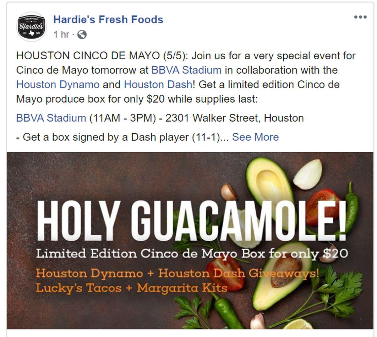 Hardies's Fresh Foods is partnering with Dynamo & Dash to host a drive-through produce market on Cinco de Mayo from 11:00 a.m. to 3:00 p.m.