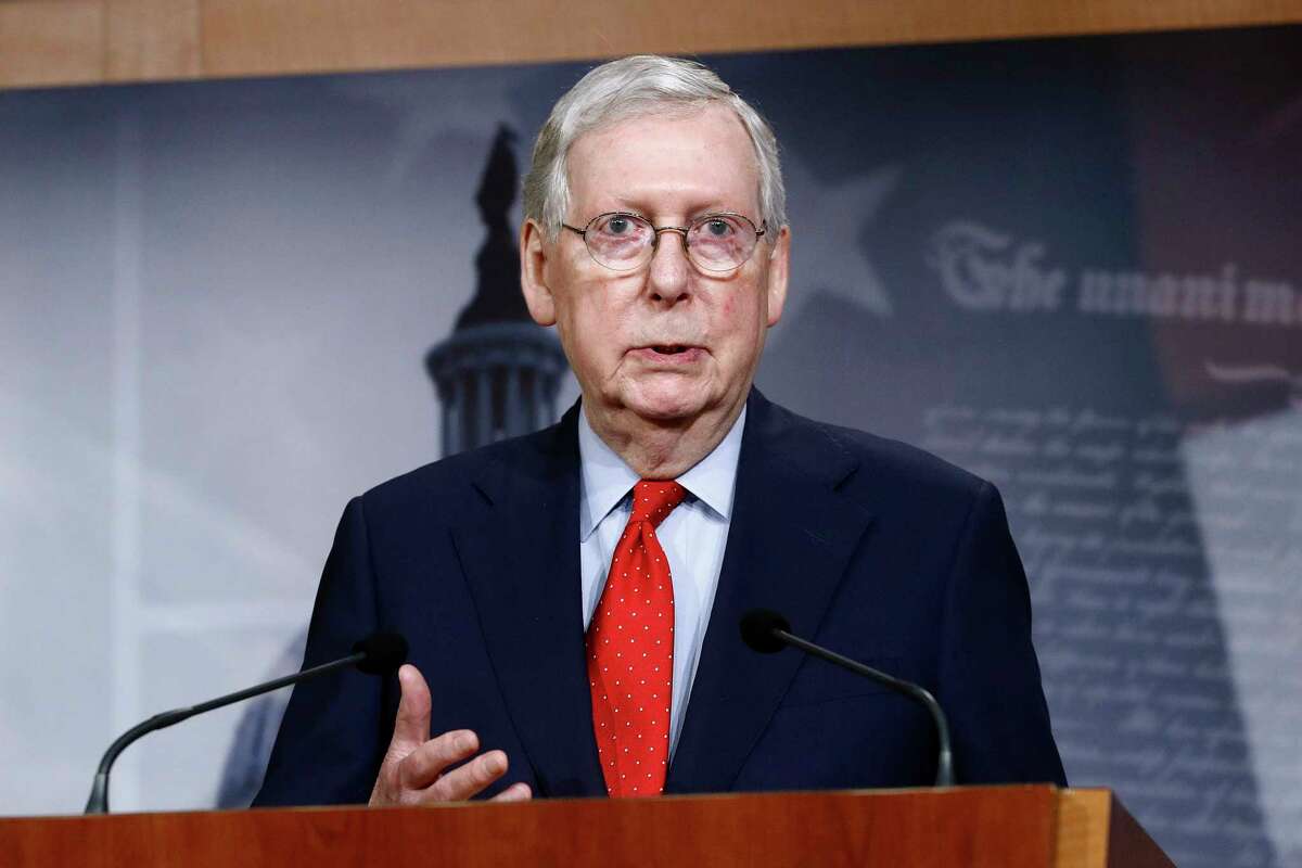 FILE - In this April 21, 2020, file photo Senate Majority Leader Mitch McConnell of Ky., speaks with reporters after the Senate approved a nearly $500 billion coronavirus aid bill on Capitol Hill in Washington. The Senate is set to resume Monday, May 4. (AP Photo/Patrick Semansky, File)