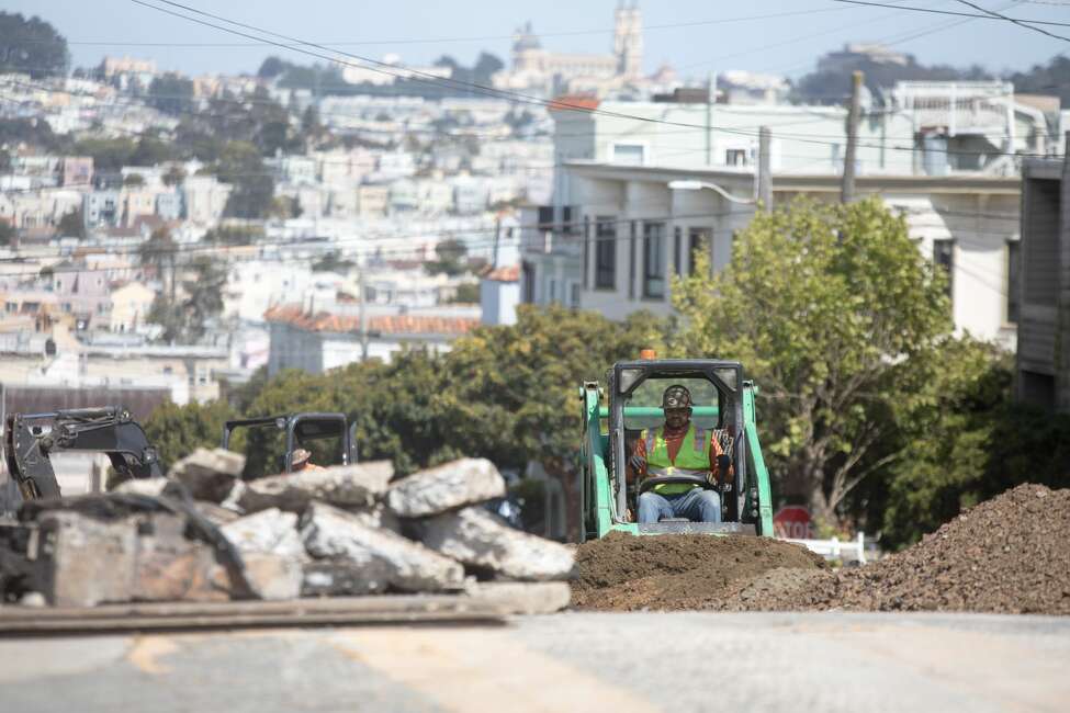 Construction Status: permitted to operate statewide per county health rules Construction across the state is mostly open and the Bay Area recently gave the green light for projects to resume on May 4 if certain physical distancing measures are in place. In this photo, a construction worker works on a street project in San Francisco on May 4, 2020. The state released guidance for the construction industry to create a safe environment for workers.