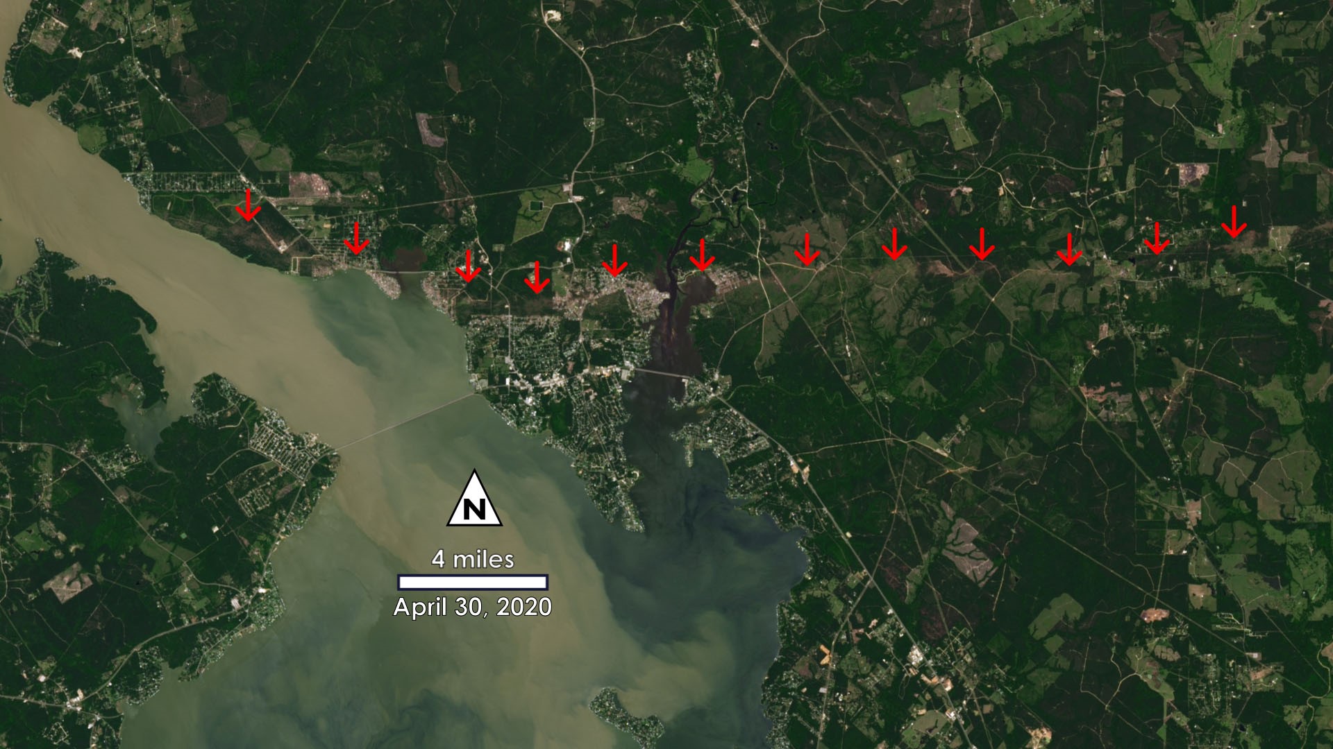 Tornado's damage to Onalaska seen from a satellite
