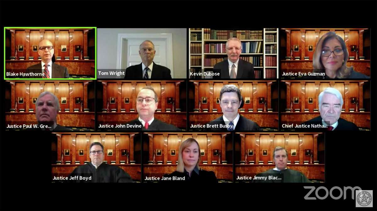 The Texas Supreme Court, shown here during virtual oral arguments in early April. The Texas Democratic Party wants Chief Justice Nathan Hecht and Justices Jane Bland, Jeffrey Boyd and Brett Busby to recuse themselves from a case involving the Texas Republican Party convention. (YouTube screenshot/TNS)