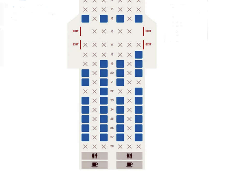 Seat map for an Alaska Airlines flight showing middle seats unavailable for booking. Photo: Alaska Airlines