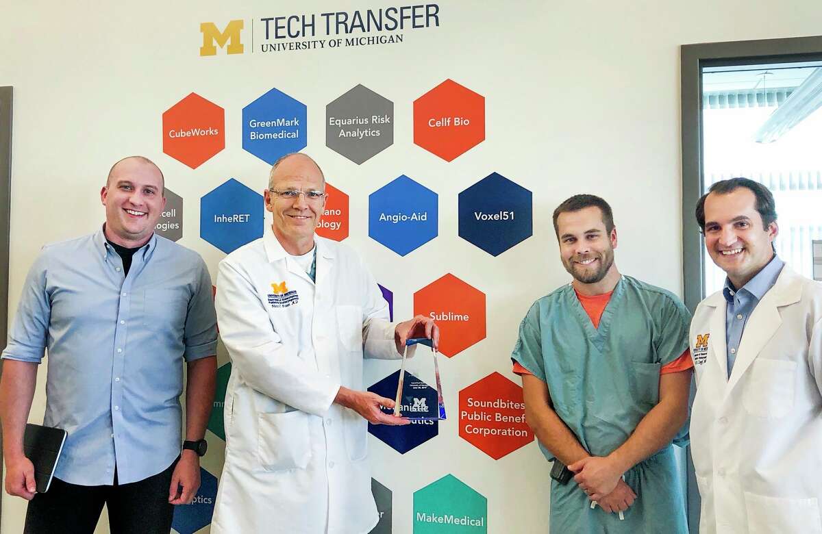 From left, MakeMedical co-founders Owen Tien, Dr. Glenn Green, Dr. Kyle VanKoevering and Dr. David Zopf pose for a photo. The group has developed a ventilator splitting device which can be used when ventilators are in short supply - an initiative that was spurred by the coronavirus pandemic. (Photo provided)