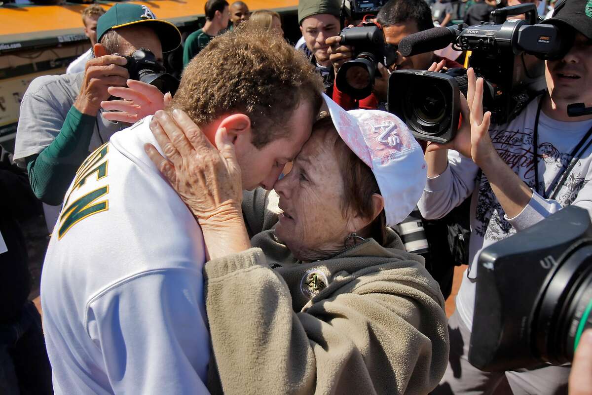 Dallas Braden celebrates with his grandmother, Peggy Lindsey of Stockton, Calif., after pitching a perfect game on Mother's Day. Braden's mother has passed away and his grandmother attended the game. The perfect game is the 19th in MLB history. The Oakland Athletics played the Tampa Bay Rays at the Oakland Alameda County Coliseum in Oakland, Calif., on Sunday, May 9, 2010.