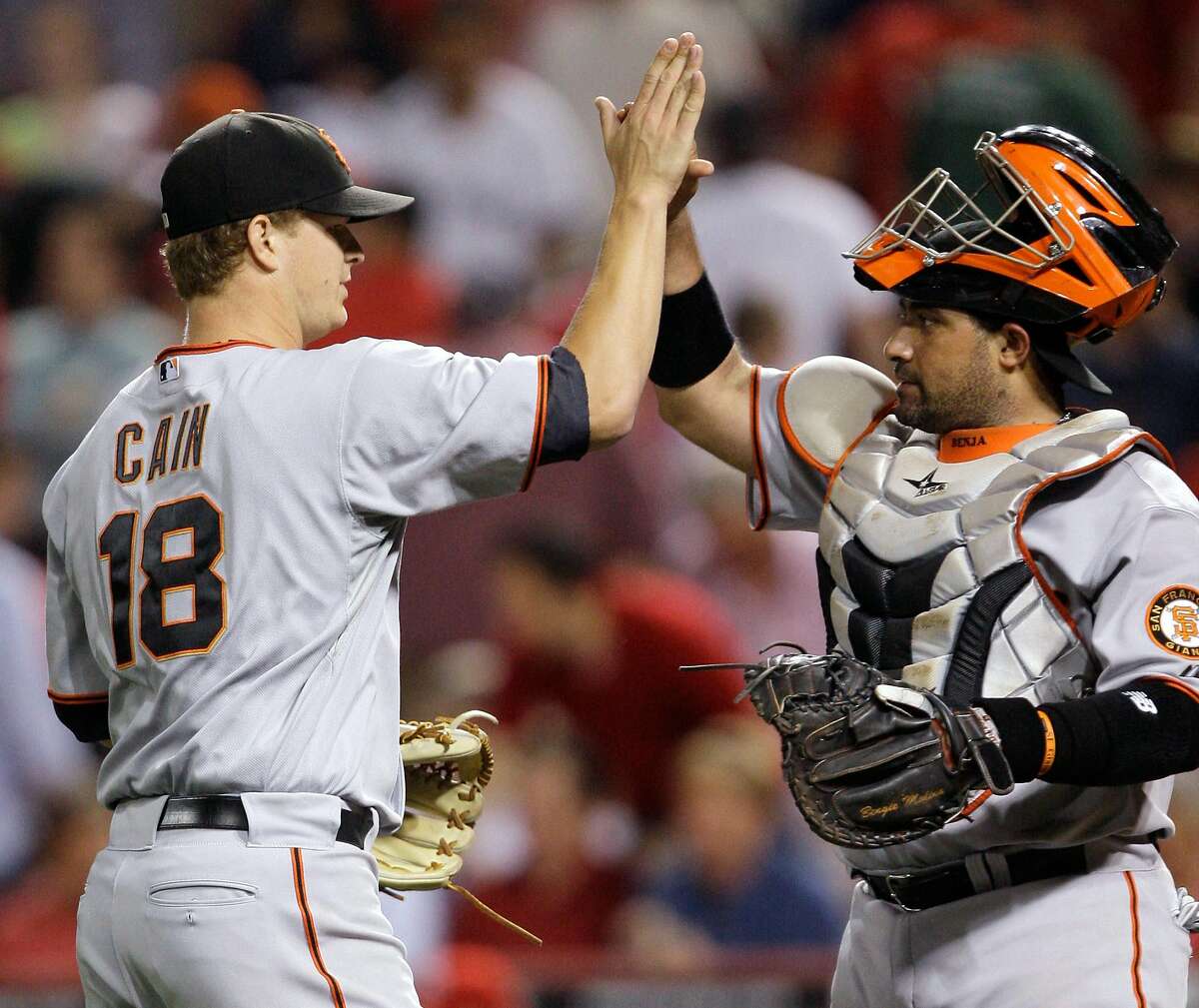 San Francisco Giants closer Brian Wilson celebrates a 7-4 win over the St.  Louis Cardinals with catcher Bengie Molina at AT&T Park in San Francisco  California, Sunday, April 13, 2008. (Photo by