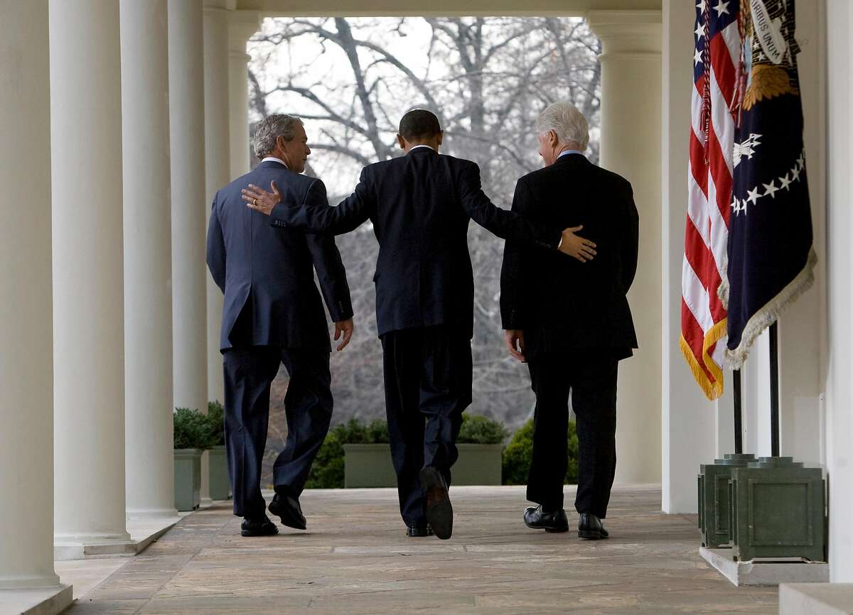 FILE -- President Barack Obama, with former Presidents George W. Bush, left, and Bill Clinton at the White House on Saturday, Jan. 16, 2010, announced that the two would lead a drive to raise money for Haiti’s survivors. Aides and allies increasingly believe the President Donald Trump's daily coronavirus task force briefings are hurting him more than helping, and are urging him to let his medical experts take center stage. (Stephen Crowley/The New York Times)