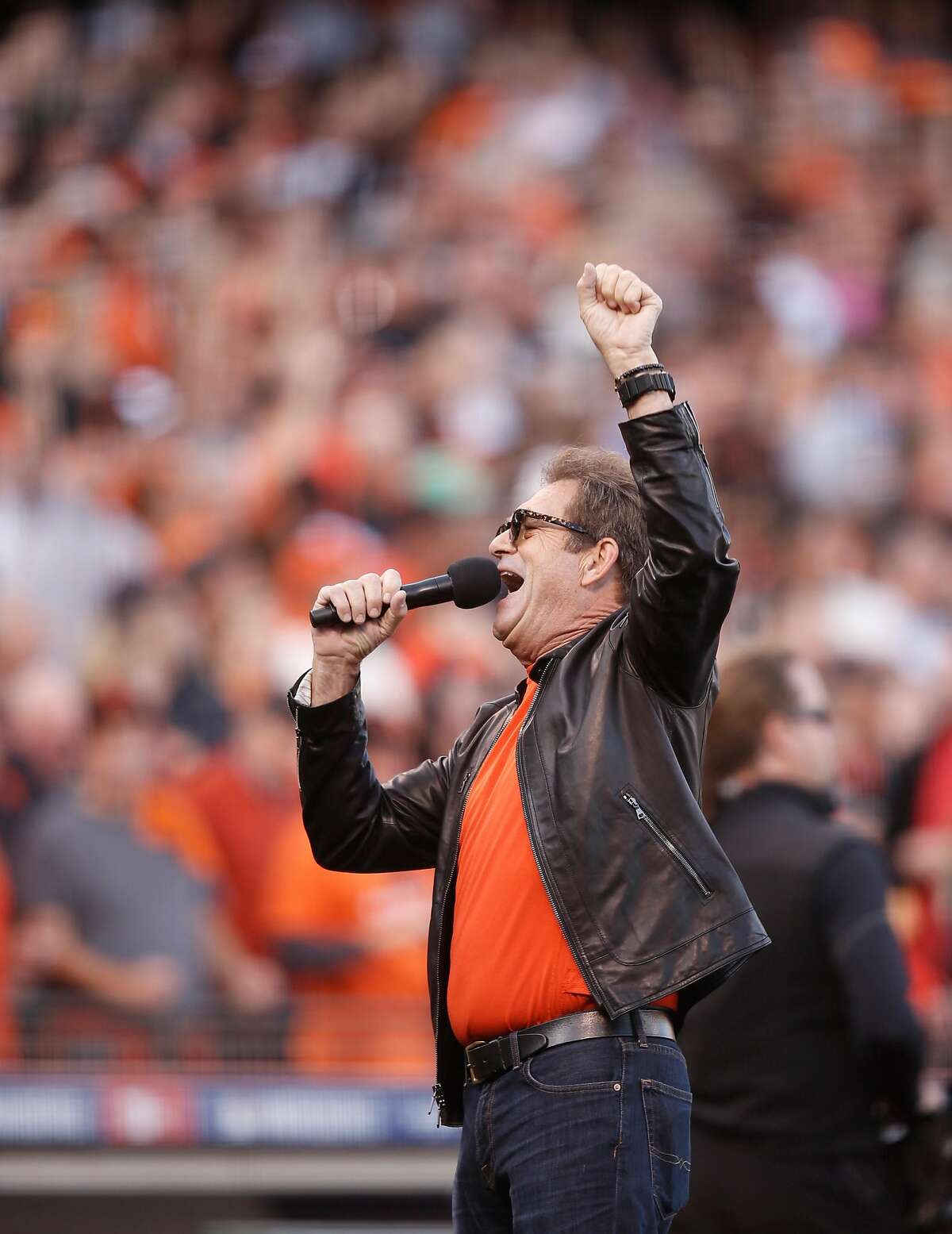 Huey Lewis gets the crowd going before Game 3 of the World Series at AT&T Park on Friday, Oct. 24, 2014 in San Francisco, Calif.