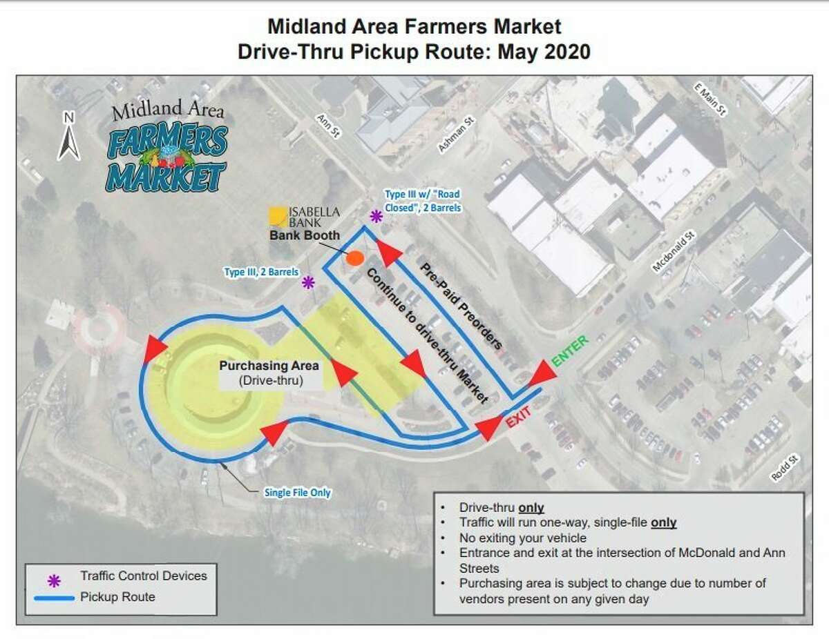 A graphic on the Midland Area Farmers Market (Michigan) Facebook page details how the drive-thru format works. (Facebook photo)