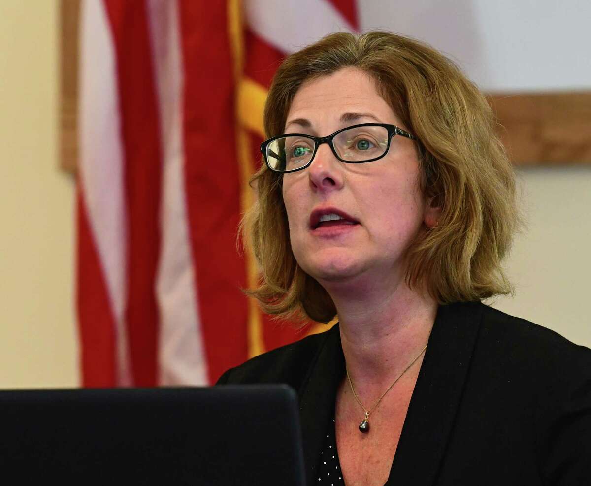 Saratoga Springs Commissioner of Finance Michele Madigan spoke about the city's budget woes during a press conference held at the Saratoga Springs Recreation Center on Wednesday, May 6, 2020 in Saratoga Springs, N.Y. (Lori Van Buren/Times Union)