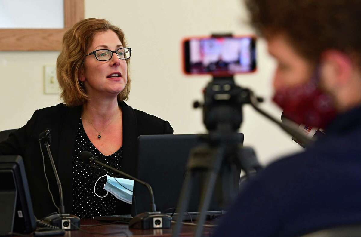 Saratoga Springs Commissioner of Finance Michele Madigan announces plans to bridge $16 million budget gap during a press conference held at the Saratoga Springs Recreation Center on Wednesday, May 6, 2020 in Saratoga Springs, N.Y. (Lori Van Buren/Times Union)