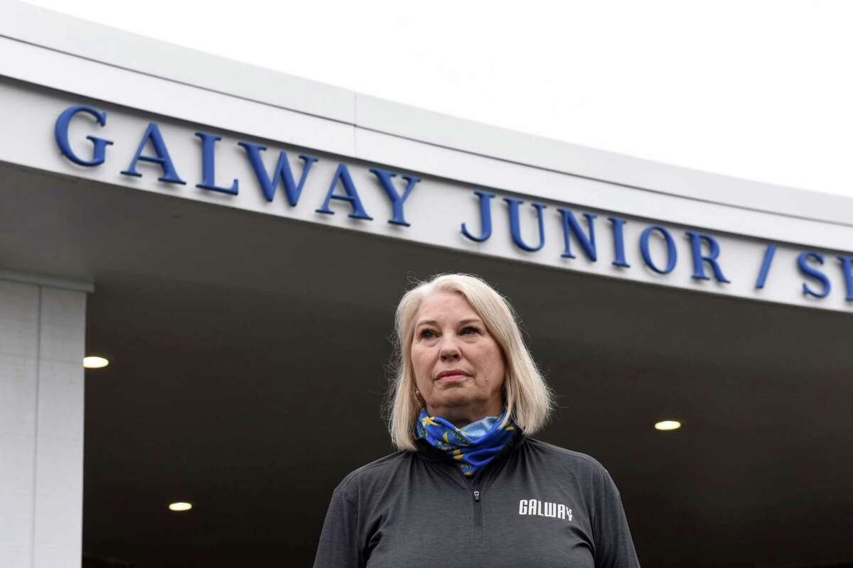 Galway Central School District Superintendent Brita Donovan is pictured outside the Galway Junior/Senior High School on Friday, May, 1, 2020, in Galway, N.Y. (Will Waldron/Times Union)