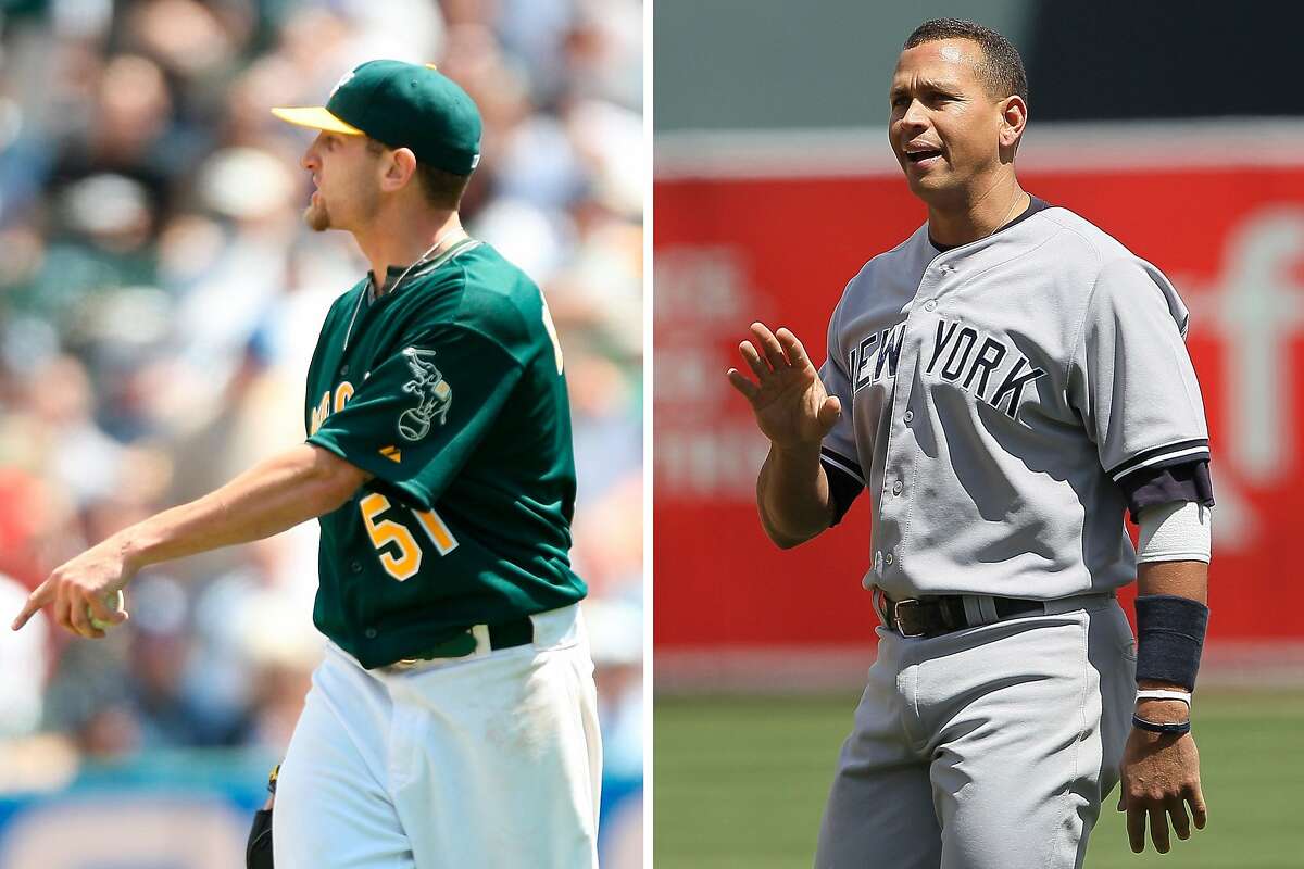 Former Oakland Athletics pitcher Dallas Braden wears a jersey of