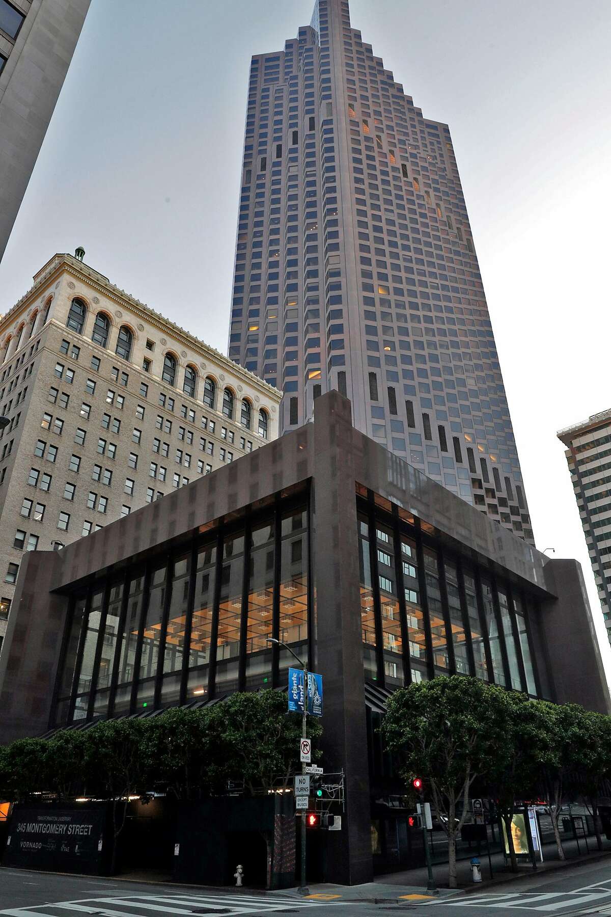 The exterior of 345 Montgomery with 555 California Street visible in the background in San Francisco, Calif., on Wednesday, May 6, 2020. Co-working giant Regus has walked away from a 15-year lease worth $90 million at 345 Montgomery St., the former bank of America banking hall co-owned by Vornado and the Trump Organization which also owns 555 California Street.