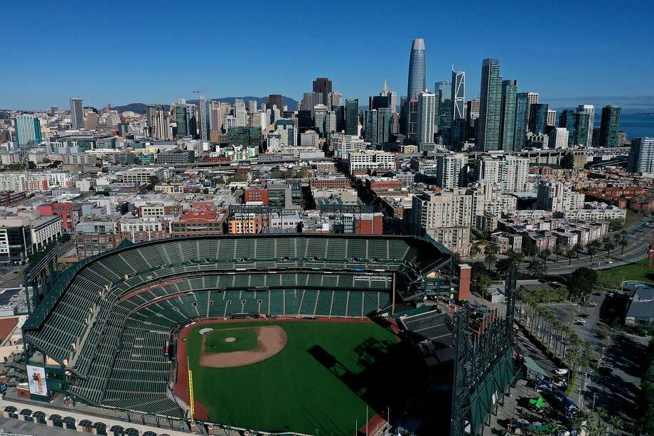 An aerial view from a drone shows Oracle Park, home of the San Francisco Giants, empty on Opening Day March 26, 2020 in San Francisco, California. Photo: Justin Sullivan, Getty Images