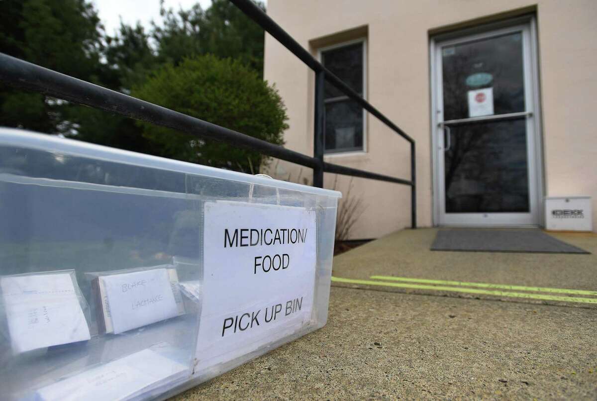 The customer pick up bin outside Saybrook Veterinary Hospital in Old Saybrook, Conn. on Wednesday, May 6, 2020.