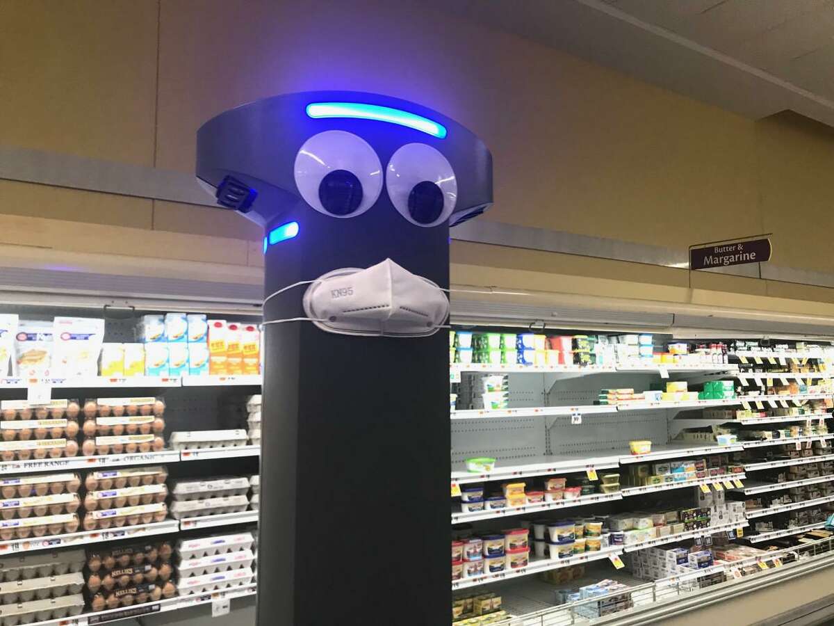 Stop & Shop's aisle-roaming robot - Marty - is outfitted with a protective mask at the supermarket's New Haven location.