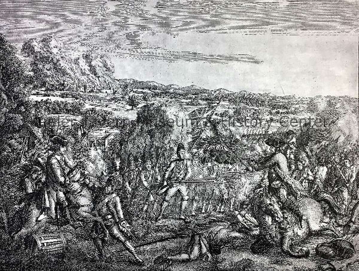 This etching, A Skirmish in America, was printed in 1780 by Ja. Sharpe of London to represent the Battle of Ridgefield in April 27, 1777. It resides in Keeler Tavern Museum & History Center's Collections.