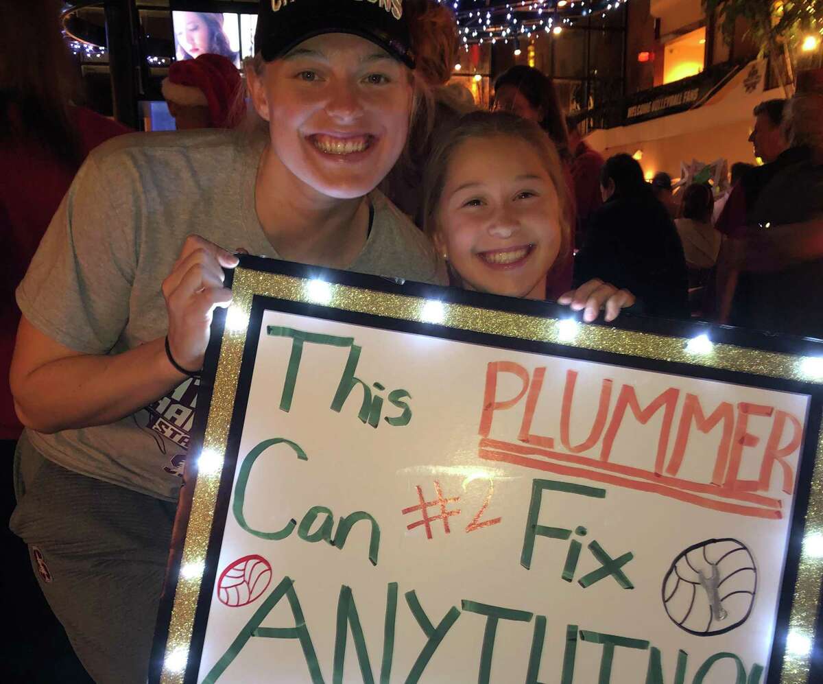 Professional volleyball player Kathryn Plummer and Caroline Curry of Stamford at the NCAA Final Four Championship in 2019. Plummer, who played for Stanford Volleyball and Team USA, will visit electronically with Caroline's club, Northeast Volleyball Club of Wilton, on May 9, 2020.
