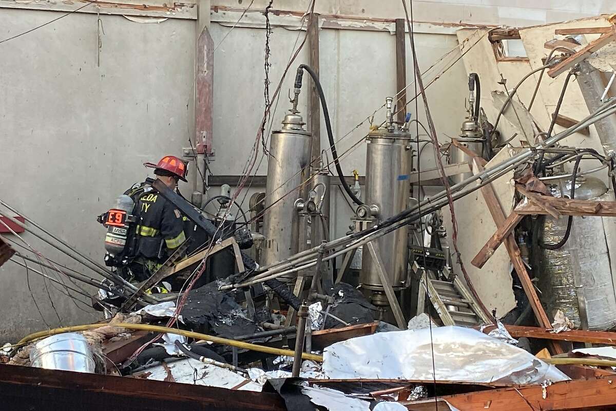 An explosion linked to a suspected marijuana lab partially destroyed a San Leandro warehouse early Thursday, May 7, 2020.