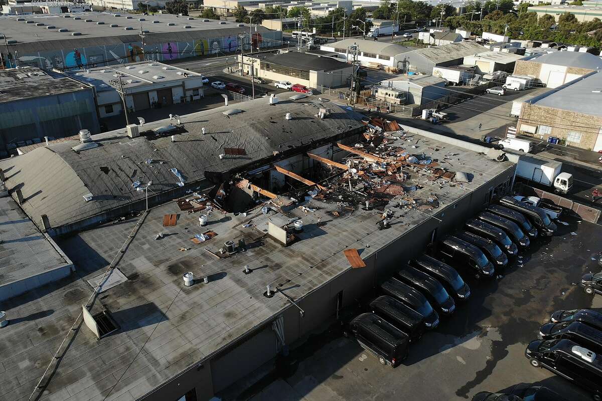 An explosion linked to a suspected marijuana lab partially destroyed a San Leandro warehouse early Thursday, May 7, 2020.