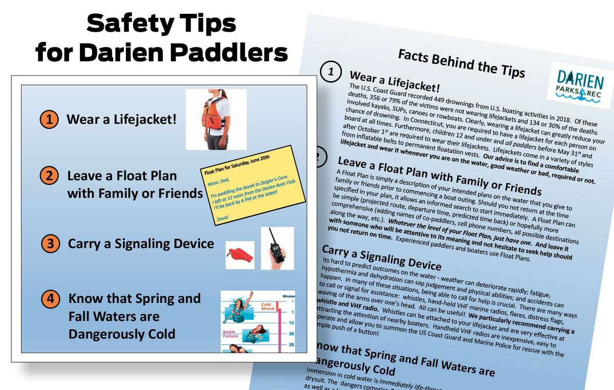 The safety flyer that is being posted by Darien's Commission on Coastal Waters offering safety tips for spring kayakers.