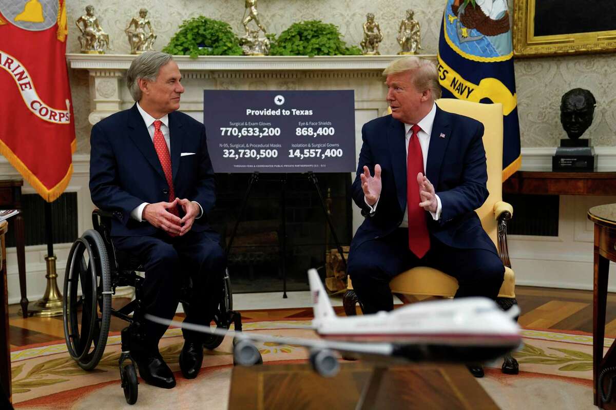 President Donald Trump speaks during a meeting about the coronavirus response with Gov. Greg Abbott, R-Texas, in the Oval Office of the White House, Thursday, May 7, 2020, in Washington. (AP Photo/Evan Vucci)