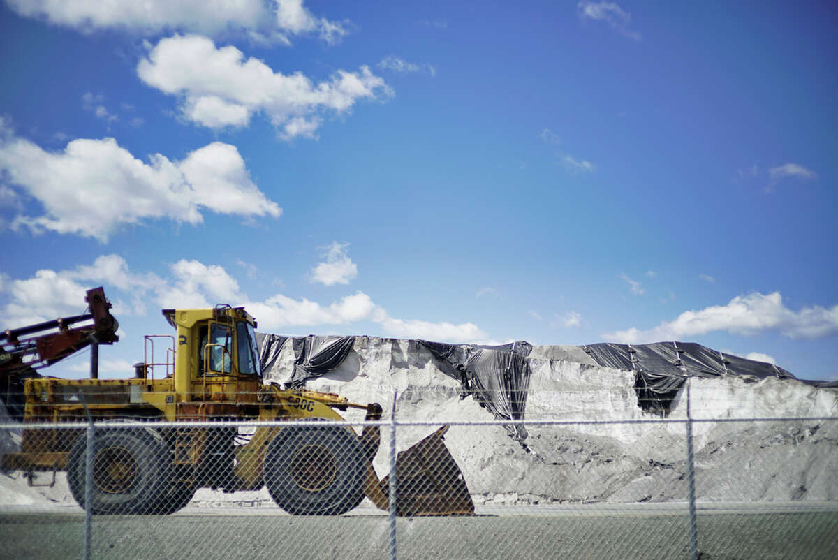 A view of the road salt piles at American Rock Salt Corp on Tuesday, April 28, 2020, in Troy, N.Y. (Paul Buckowski/Times Union)
