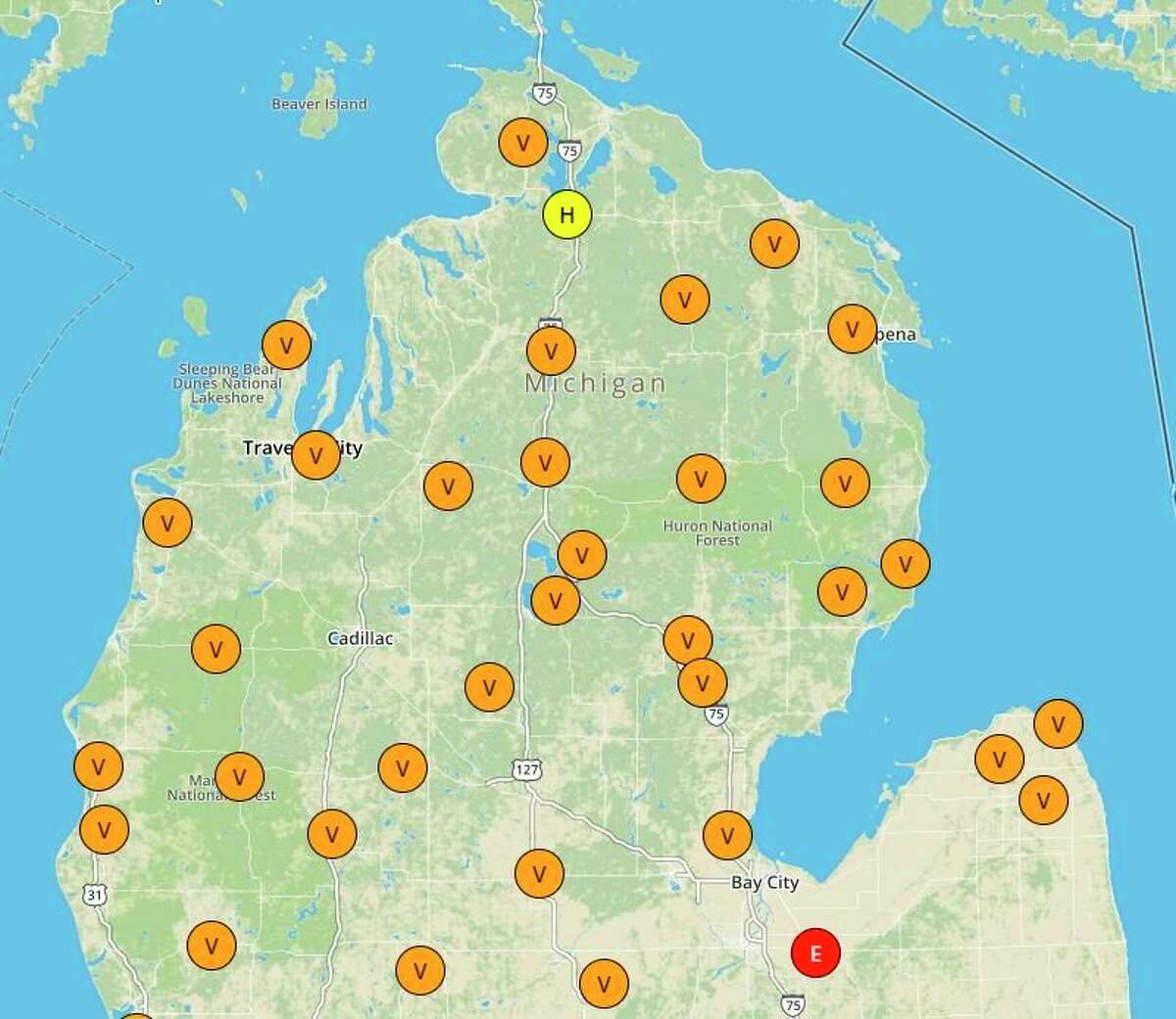 Most of the Lower Peninsula is showing very high fire danger according to the Great Lakes Fires and Fuels map Friday afternoon. (glff.mesowest.org map screenshot)