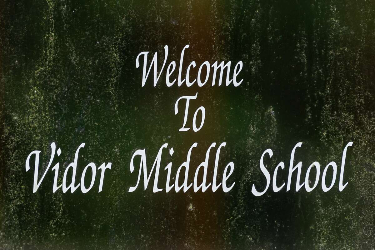 The welcome sign on the front door to Vidor Middle School. The delayed projects at Oak Forest Elementary School and Vidor Middle School are coming up on three years since they were flooded in Hurricane Harvey. Photo made on May 8, 2020. Fran Ruchalski/The Enterprise