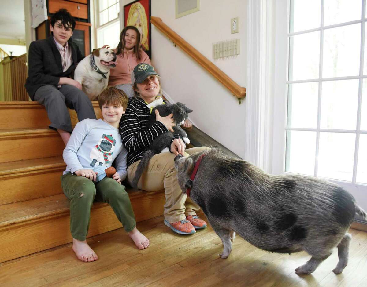 Greenwich Time "Mother Lode" columnist Claire Tisne Haft and her children Louie, 12, Selma, 10, and George, 9, pose with their pet dog, Beverly, 4, and pig, Pearl, 9 months, at their home in Greenwich, Conn. Tuesday, May 5.