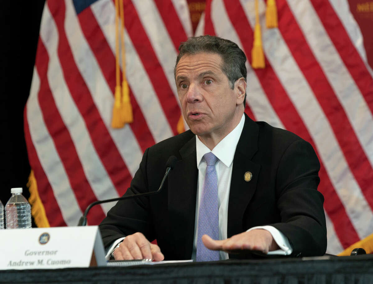 New York State Governor Andrew Cuomo makes announcement and holds media briefing at New York Medical College of Touro College & University System amid COVID-19 pandemic.