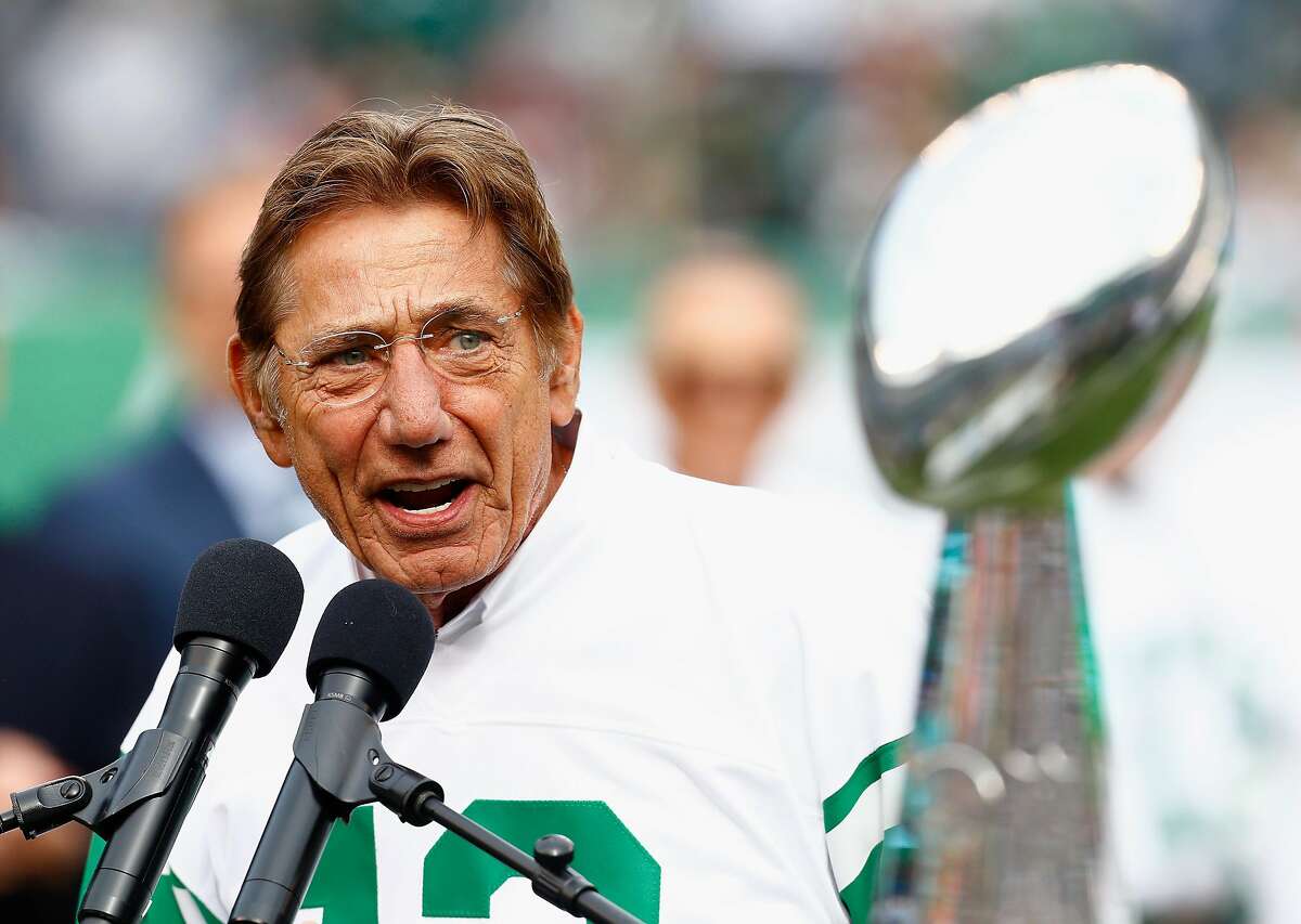 EAST RUTHERFORD, NJ - OCTOBER 14: Joe Namath speaks during a Super Bowl III 50th Anniversary celebration during halftime of the game between the New York Jets and the Indianapolis Colts at MetLife Stadium on October 14, 2018 in East Rutherford, New Jersey. (Photo by Mike Stobe/Getty Images)